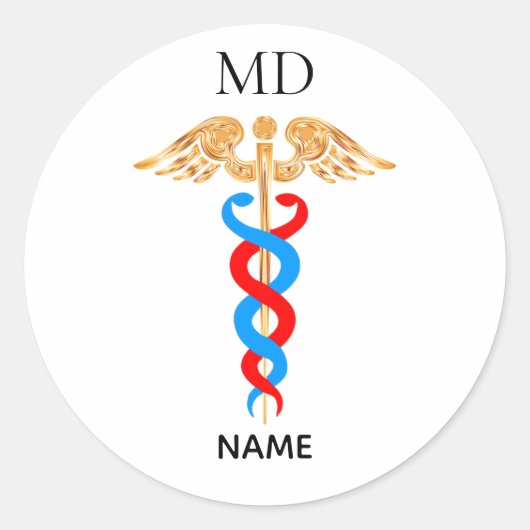 Caduceus Symbol & Medical Doctor Monogramm Runder Aufkleber (Vorderseite)