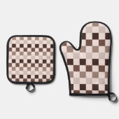 Cafe Au Lait checkerboard pattern Ofenhandschuh & Topflappen-Set (Vorderseite)