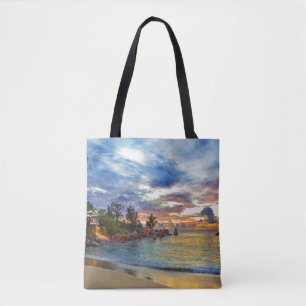 Café auf tropischem Strand am Sonnenuntergang Tasche
