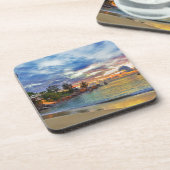 Café auf tropischem Strand am Sonnenuntergang Untersetzer (Linke Seite)