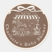 Cafe Bebe Brown Stripes Parisian theme Baby Shower Runder Aufkleber (Vorderseite)