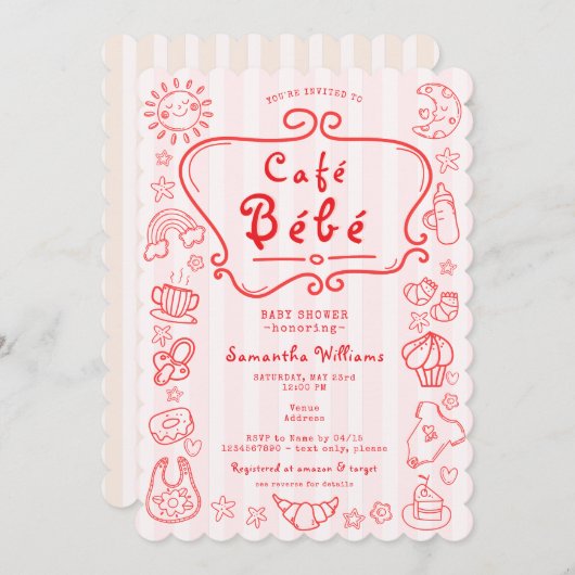 Café Bébé Französisch Moderne Pink Red Girl Baby D Einladung (Vorne/Hinten)