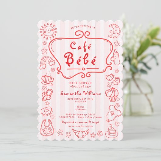 Café Bébé Französisch Moderne Pink Red Girl Baby D Einladung (Stehend Vorderseite)