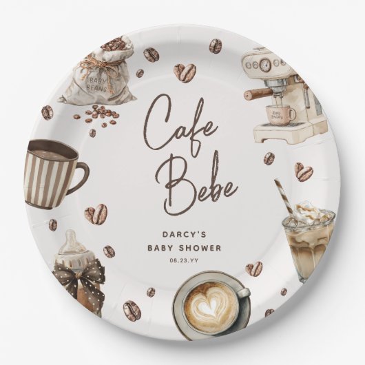 Cafe Bebe' Wasserfarbe Kaffee Baby Shower Pappteller (Vorderseite)