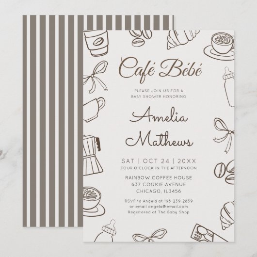 Cafe Bebe Whimsical Coffee & Bow Baby Shower Einladung (Vorne/Hinten)
