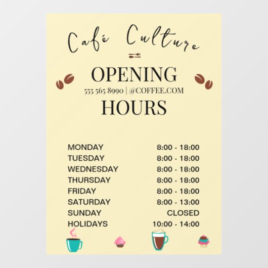 Cafe Coffee Shop Öffnungszeiten Fensteraufkleber (Blatt)