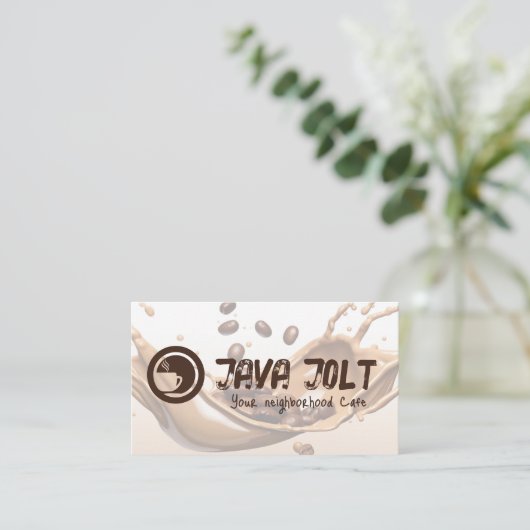 Café-Cup-Logo | Kaffeebohnen Splash Visitenkarte (Stehend Vorderseite)