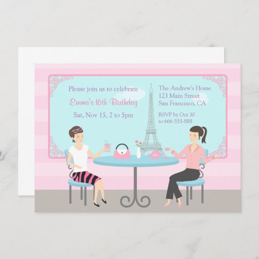 Cafe Eiffel Tower Paris Einladung zur Party (Vorne/Hinten)