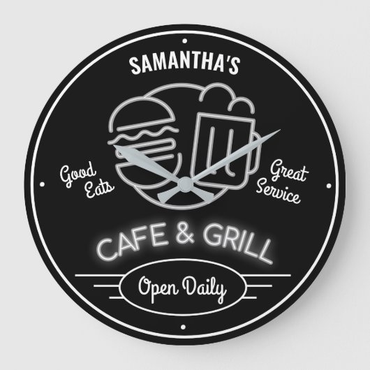 Cafe Grill Fifties Neon Effect Black White Retro Große Wanduhr (Vorderseite)