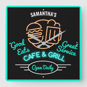 Cafe Grill Retro Fifties Green Neon Effect Name S Quadratische Wanduhr
