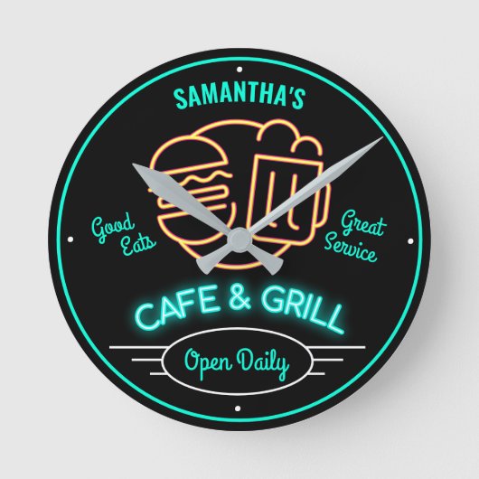 Cafe Grill Retro Fifties Neon Effect any name Runde Wanduhr (Vorderseite)