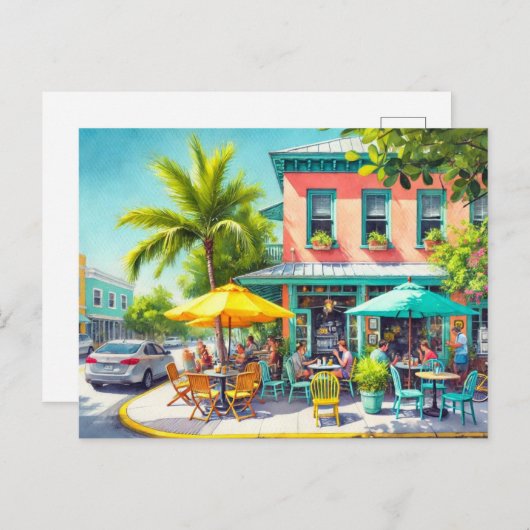 Café im Key West Wasserfarben Malerei Postkarte (Vorne/Hinten)