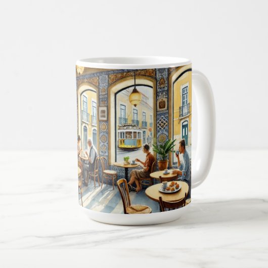 Café in Lissabon Gelbe Straßenbahn Wasserfarbe Kaffeetasse (VorderseiteRechts)