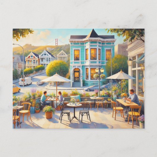 Café in San Francisco Golden Gate Bridge Postkarte (Vorderseite)