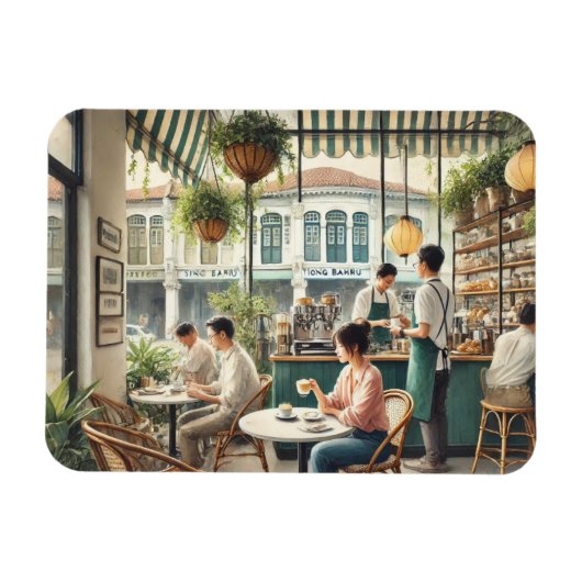 Café in Singapur Aquarellmalerei Magnet (Horizontal)