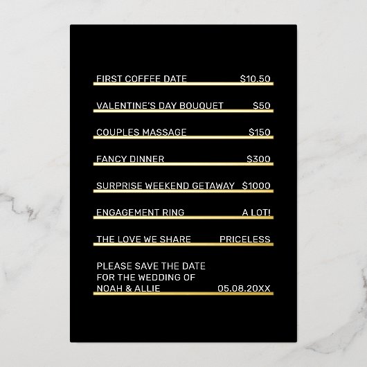 Café Menü Spaß Einzigartig Save the Date Gold Folieneinladung (Vorderseite)