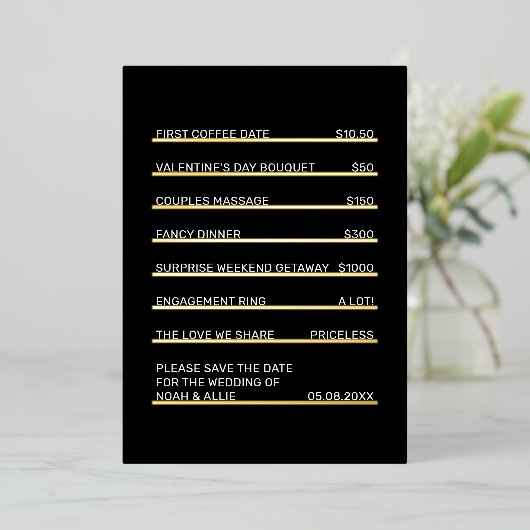 Café Menü Spaß Einzigartig Save the Date Gold Folieneinladung (Stehend vorne)