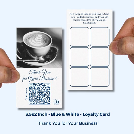 Café White Blue Logo & QR - Vielen Dank Treuekarte