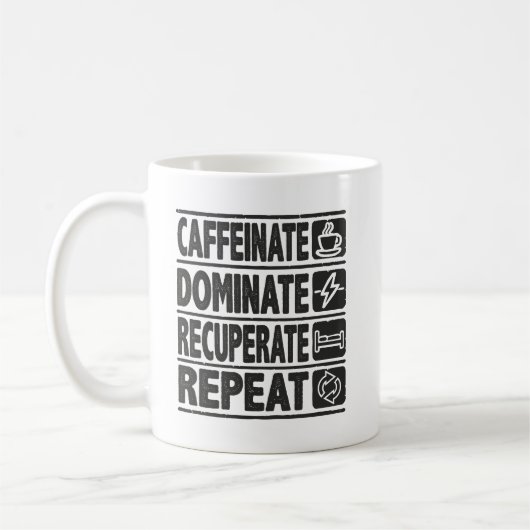 Caffeinat, Dominat, Recuperate, Wiederholung - Erf Kaffeetasse (Links)