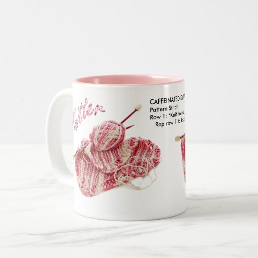 "Caffeinated Garter Stitch" - Pinselpinke Zweifarbige Tasse (Vorderseite Links)