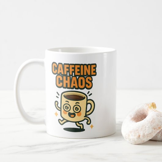 Caffeine Chaos Funny Energetic Coffee Cup Cartoon Kaffeetasse (Mit Donut)