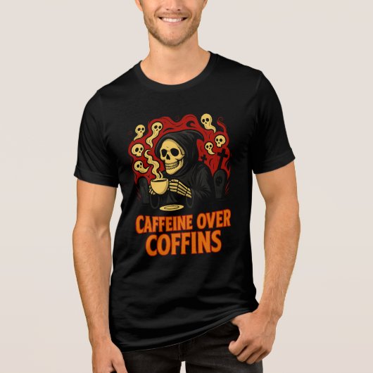 Caffeine Over Coffins Spooky Grim Reaper Coffee Tri-Blend Shirt (Vorderseite)