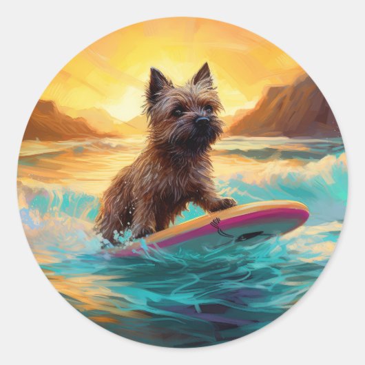 Cairn Terrier Beach Surfmalerei Runder Aufkleber (Vorderseite)