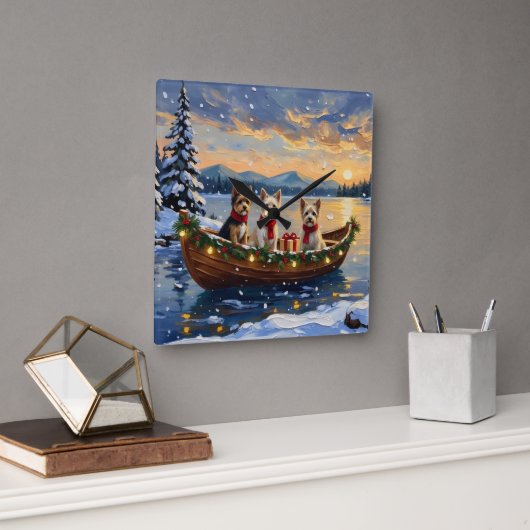 Cairn Terrier Christmas Boat Holiday Quadratische Wanduhr (Büro)