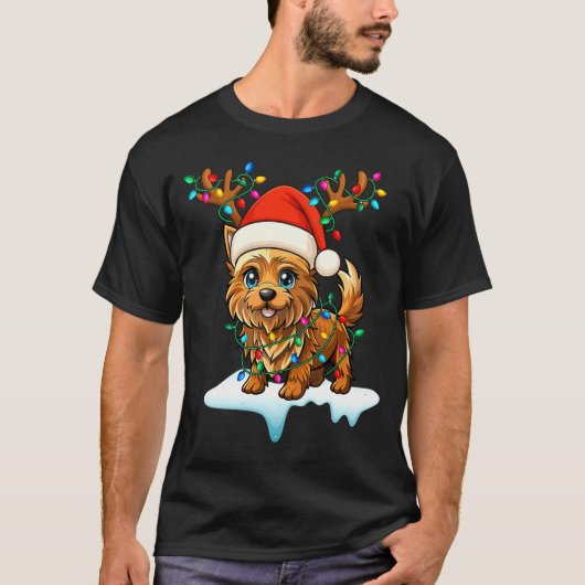 Cairn Terrier Christmas Santa Hat Reindeer Lights T-Shirt (Vorderseite)