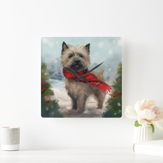 Cairn Terrier Dog im Schnee Weihnachten Quadratische Wanduhr (Zuhause)