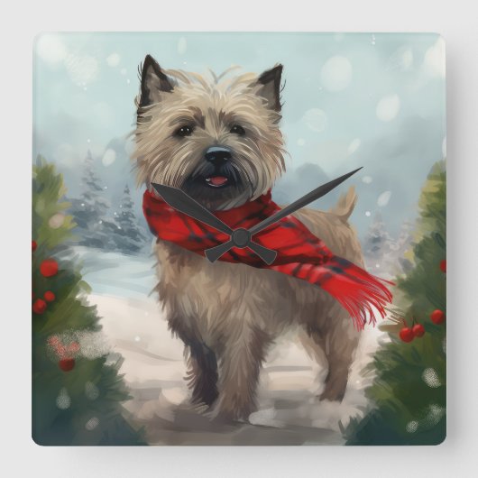 Cairn Terrier Dog im Schnee Weihnachten Quadratische Wanduhr (Vorderseite)