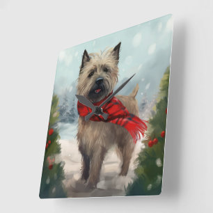 Cairn Terrier Dog im Schnee Weihnachten Quadratische Wanduhr