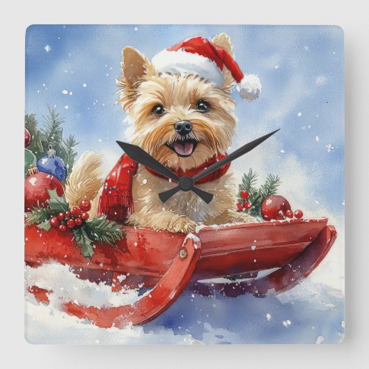 Cairn Terrier Dog in Sledge Let it Schnee Weihnach Quadratische Wanduhr (Vorderseite)