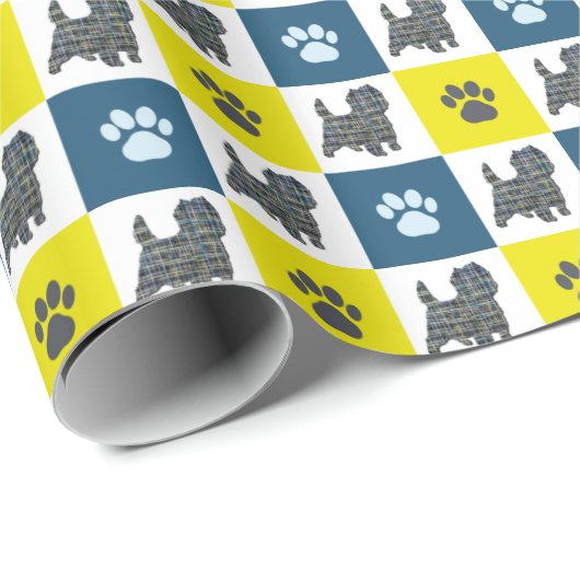 Cairn Terrier Dog & Paw Yellow & Blue Grid Geschenkpapier (Rolleneckpunkt)
