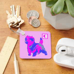 Cairn Terrier Dog Pink & Blue Silhouette Monogramm Schlüsselanhänger