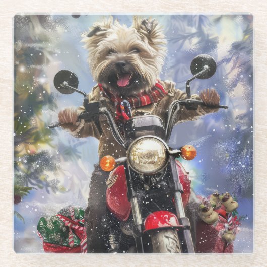 Cairn Terrier Dog Riding Motorrad Weihnachten Glasuntersetzer (Vorderseite)