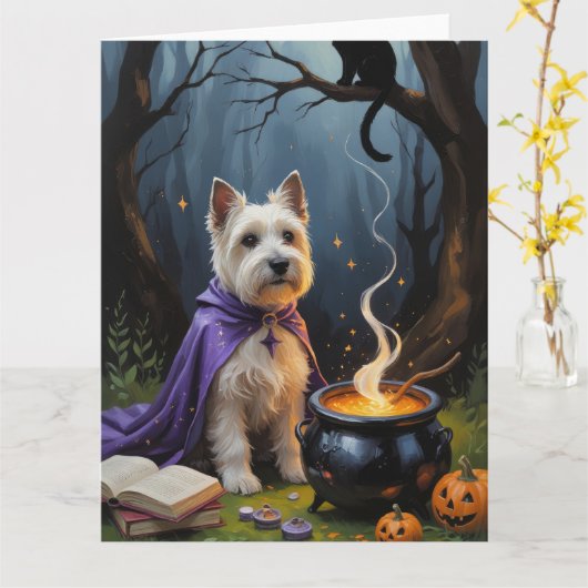 Cairn Terrier Dog Whimsical Halloween Malerei Karte (Gelbe Blume)