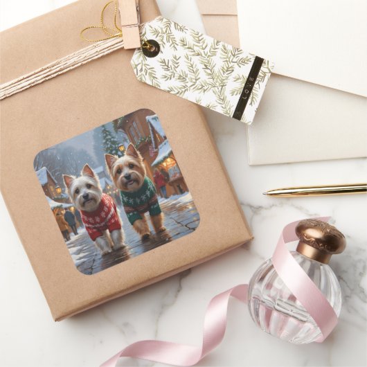 Cairn Terrier Dogs Christmas Snow Holiday Quadratischer Aufkleber (Schenken)