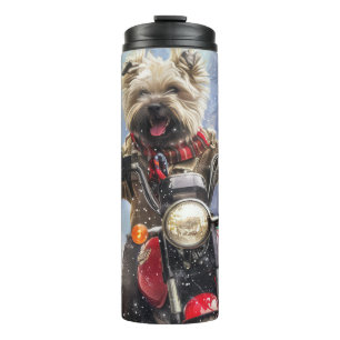 Cairn Terrier Hund fährt Motorrad Weihnachten Thermosbecher