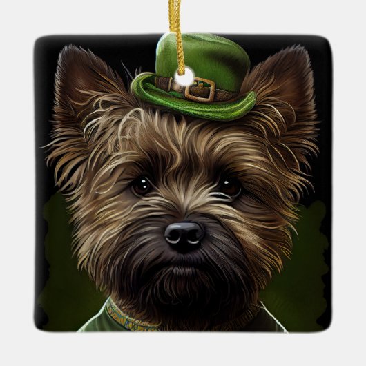Cairn Terrier Hund in St. Patrick's Day Dress Keramikornament (Vorderseite)