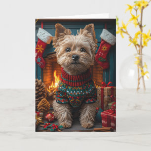 Cairn Terrier Hund mit Weihnachtsgeschenken Kamin Karte