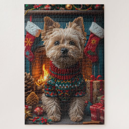 Cairn Terrier Hund mit Weihnachtsgeschenken Kamin Puzzle (Vertikal)