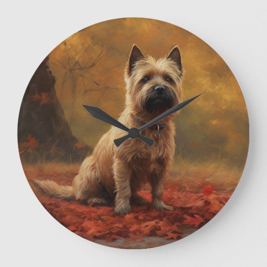 Cairn Terrier im Herbst Leaves Fall Inspiriert Große Wanduhr (Vorderseite)