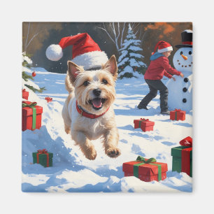 Cairn Terrier läuft im Schnee mit Weihnachtsmütze Magnet