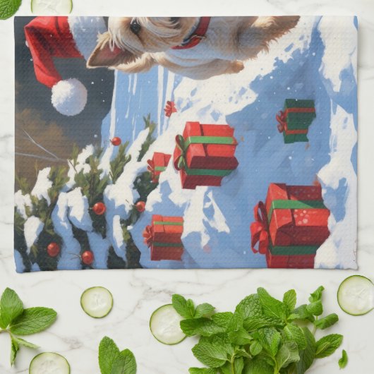 Cairn Terrier läuft in Snow mit Weihnachtsmütze Geschirrtuch (Gefaltet)