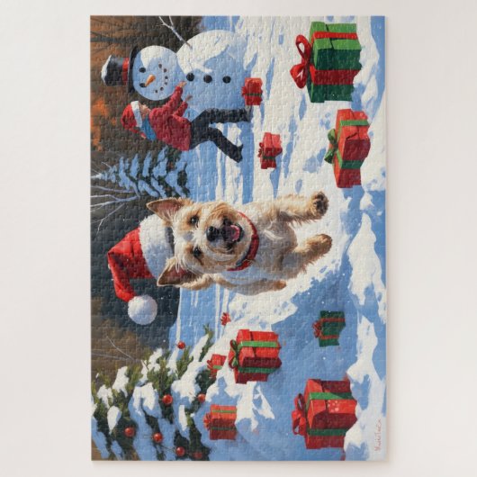 Cairn Terrier läuft in Snow mit Weihnachtsmütze Puzzle (Vertikal)