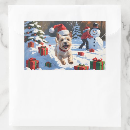 Cairn Terrier läuft in Snow mit Weihnachtsmütze Rechteckiger Aufkleber (Tasche)