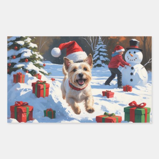 Cairn Terrier läuft in Snow mit Weihnachtsmütze Rechteckiger Aufkleber (Vorderseite)