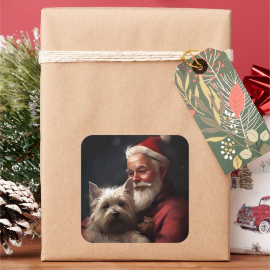 Cairn Terrier mit dem Weihnachtsmann Quadratischer Aufkleber (Feiertag)