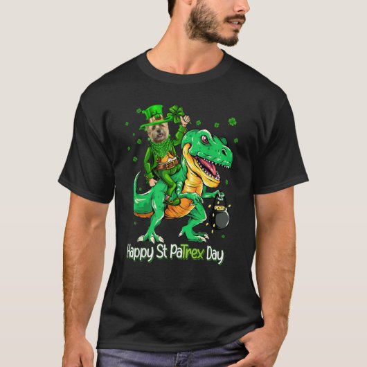 Cairn Terrier Riding Dinosaur Patricks Day Shamroc T-Shirt (Vorderseite)